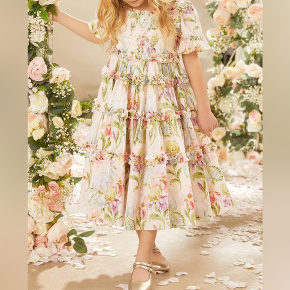 NEEDLE & THREAD Iris Bloom Cotton Smocked Kids Dress. - Picture 3 of 14